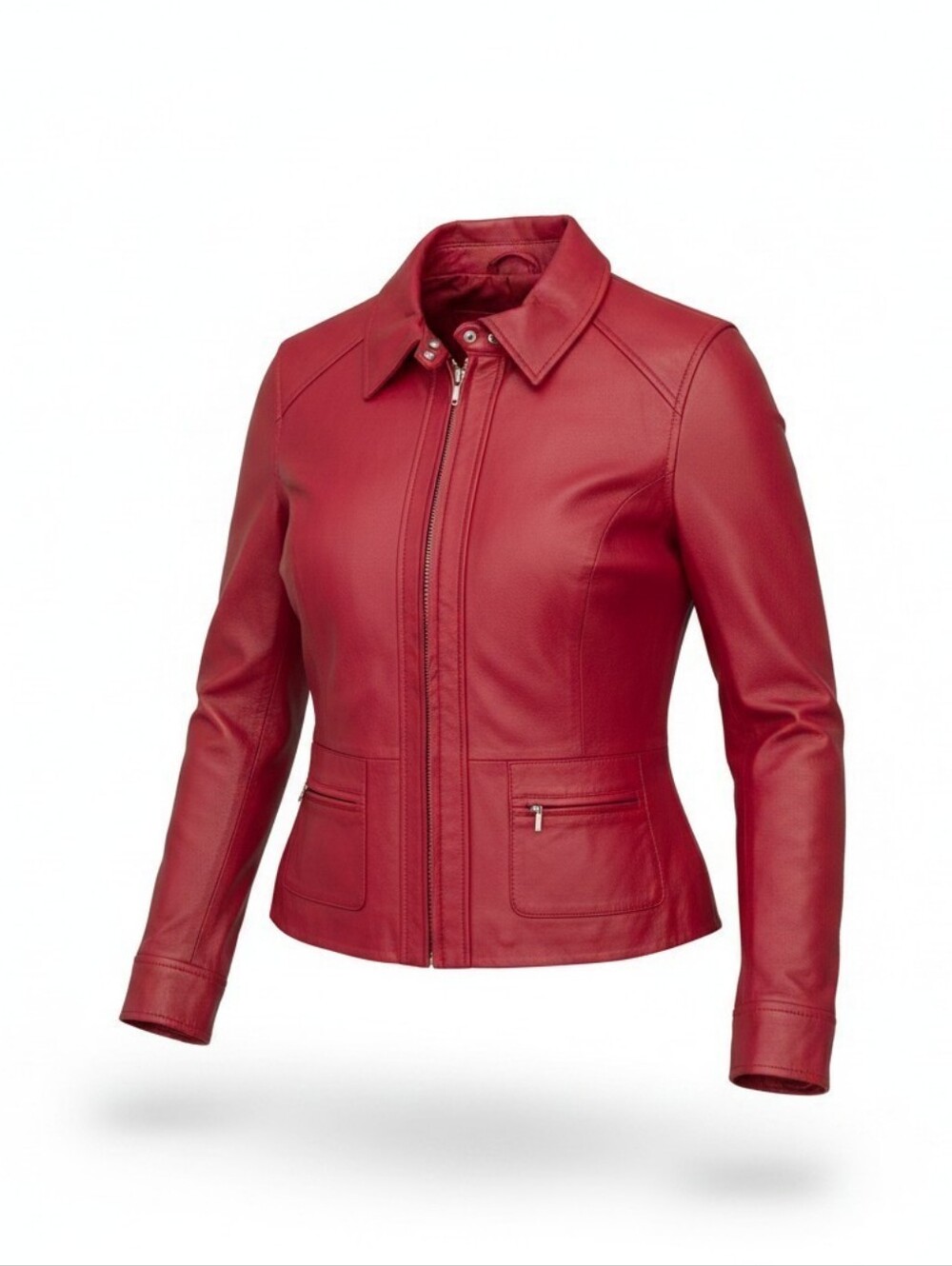 Red Leather Zip-Front Women's Jacket Size L